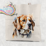 Beige canvas tote bag featuring a beagle watercolour cotton illustration of george with brown and white fur wearing a collar