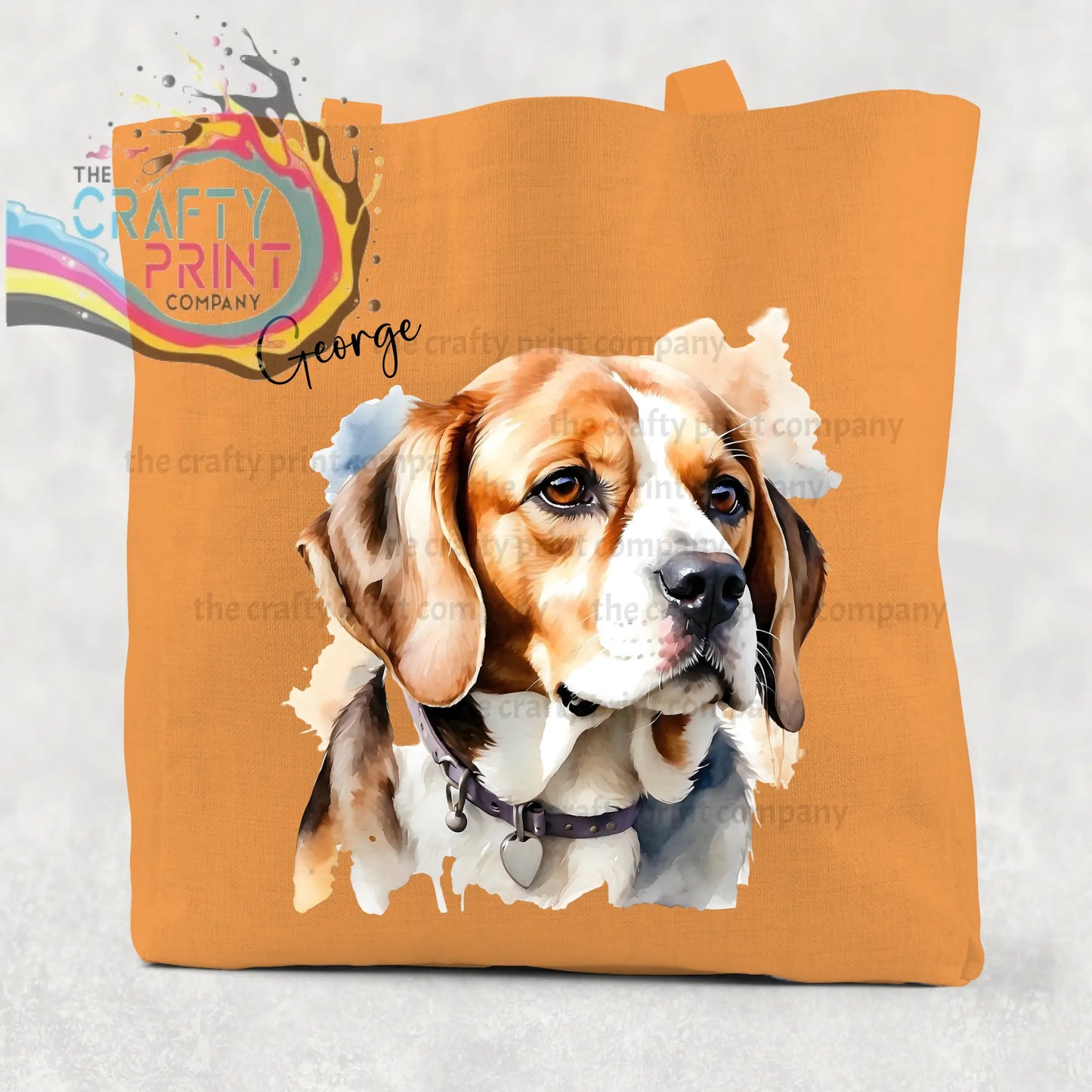 Orange canvas tote bag with beagle watercolour cotton illustration of brown white and tan beagle wearing collar