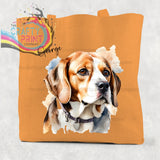 Orange canvas tote bag with beagle watercolour cotton illustration of brown white and tan beagle wearing collar