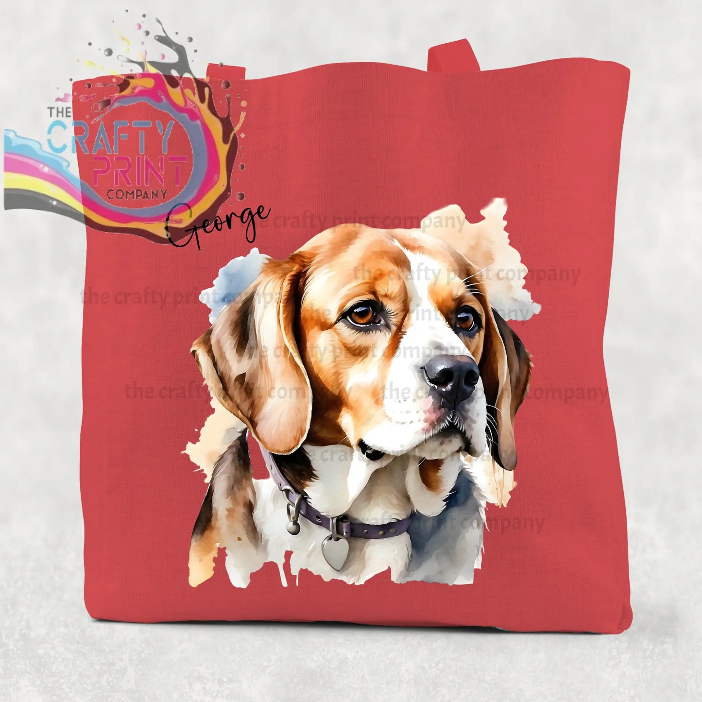 Red canvas tote bag with a beagle watercolour cotton illustration of a tan white and brown beagle wearing a collar