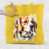 Bright yellow beagle watercolour cotton tote bag featuring a watercolor-style illustration of a beagle dog