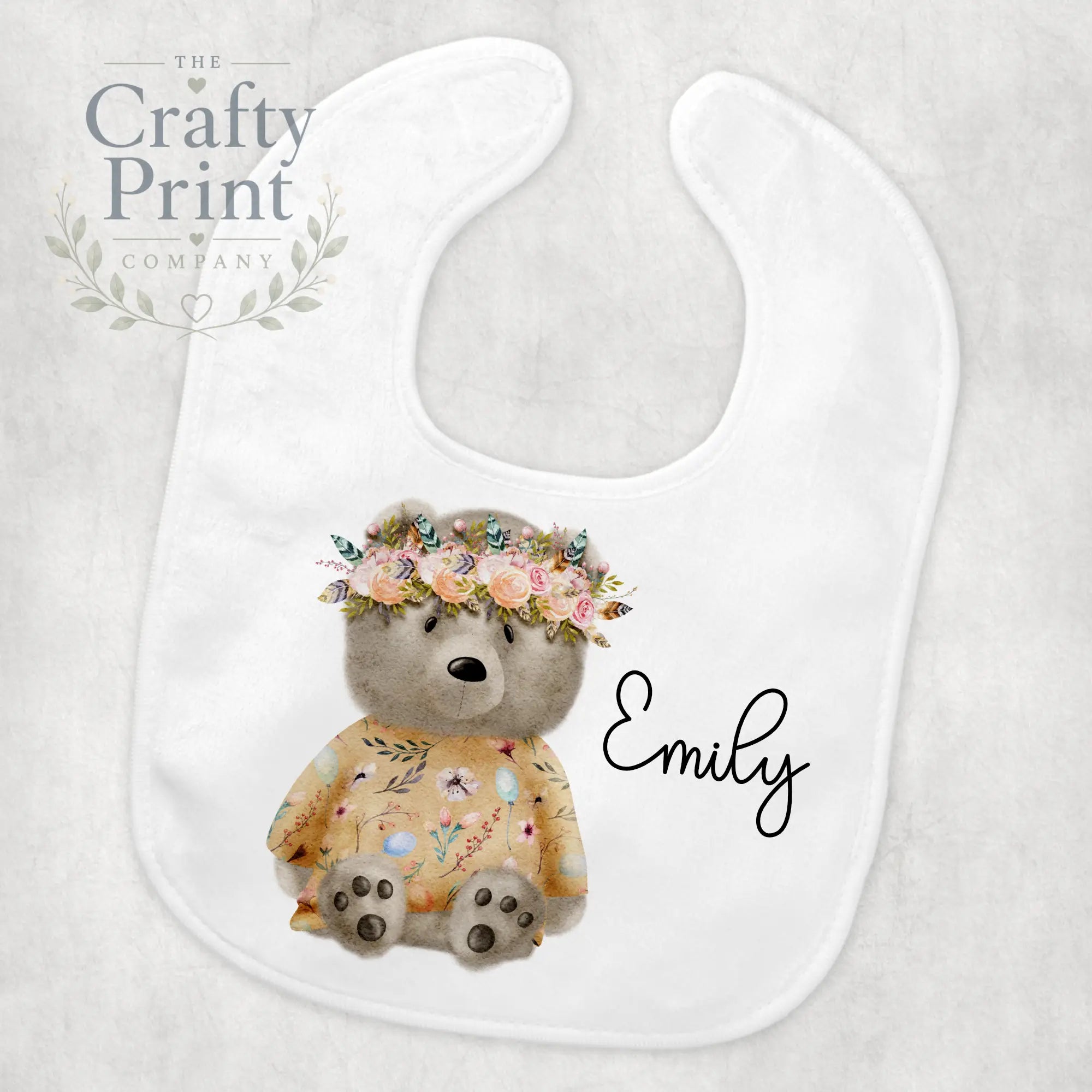 Bear with Flower Head Band Personalised Baby Bib - &