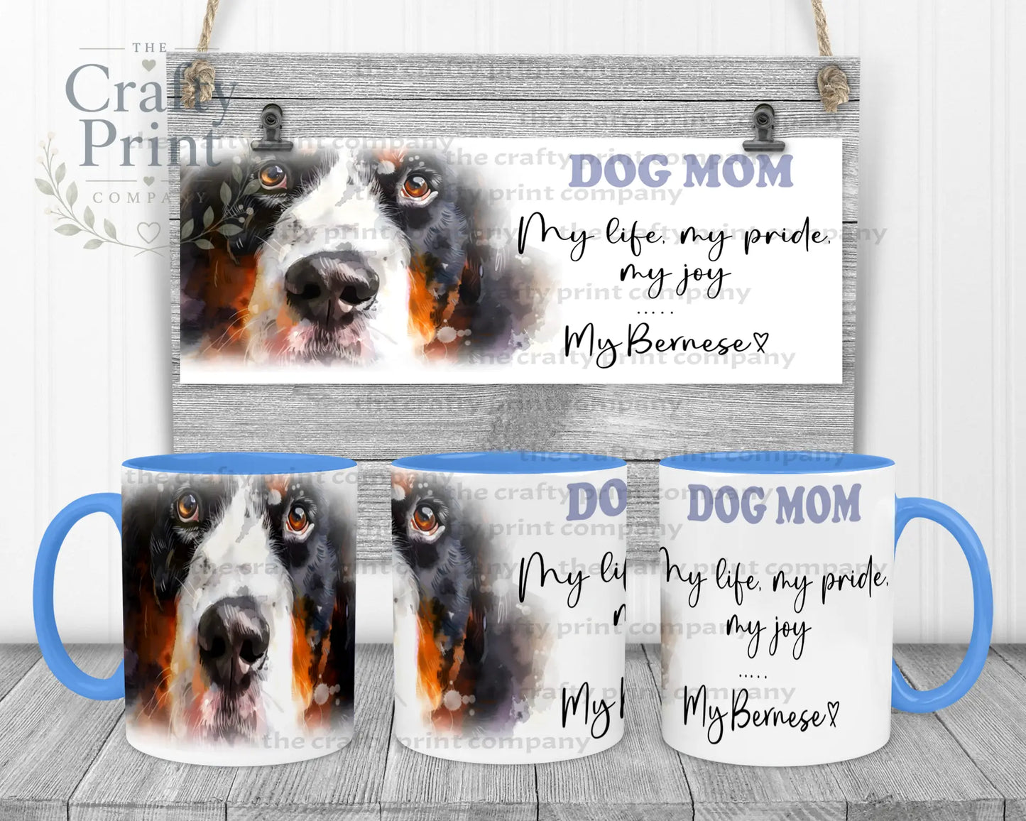 Bernese Mountain Dog Mom Mug - 11oz Ceramic / Blue Handle &