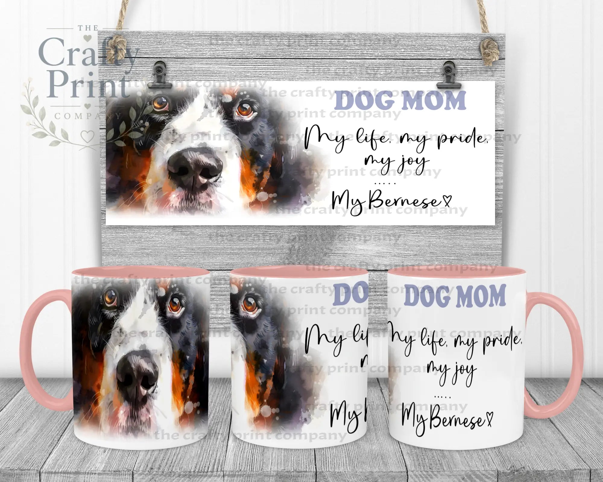 Bernese Mountain Dog Mom Mug - 11oz Ceramic / Pink Handle &