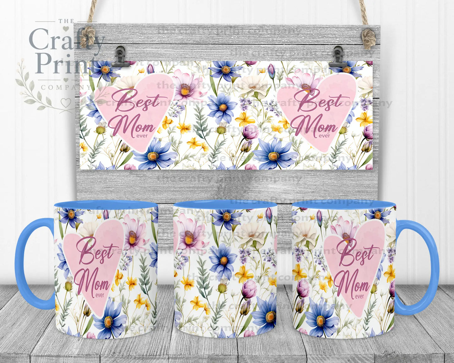Best Mom Ever Floral Mug - Blue Handle & Inner - Mugs