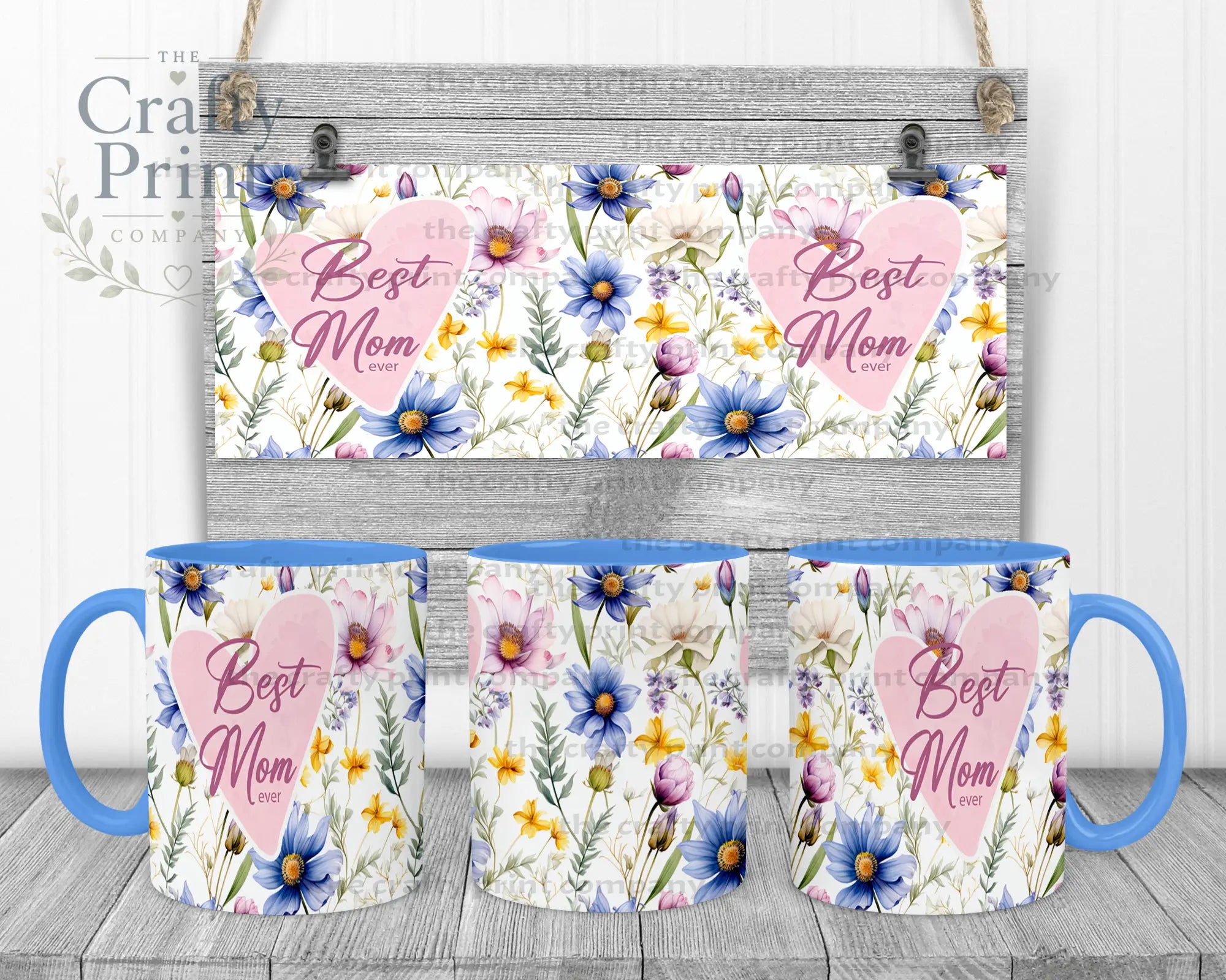 Best Mom Ever Floral Mug - Blue Handle & Inner - Mugs