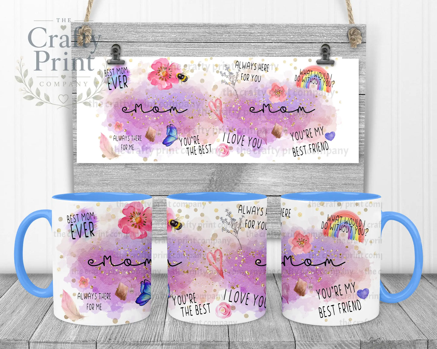 Best Mom Watercolour Rainbow Mug - Blue Handle & Inner