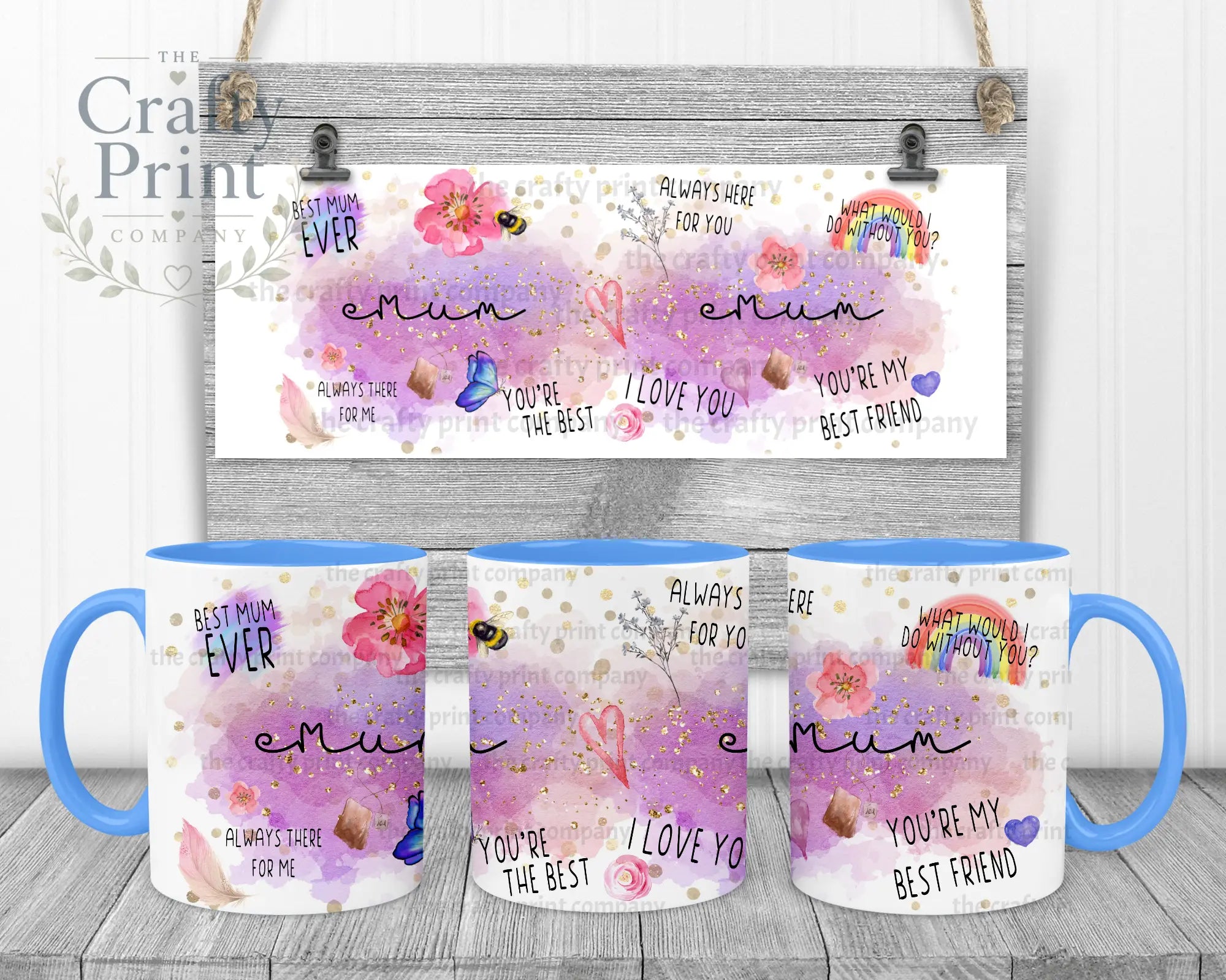 Best Mom Watercolour Rainbow Mug - Blue Handle & Inner