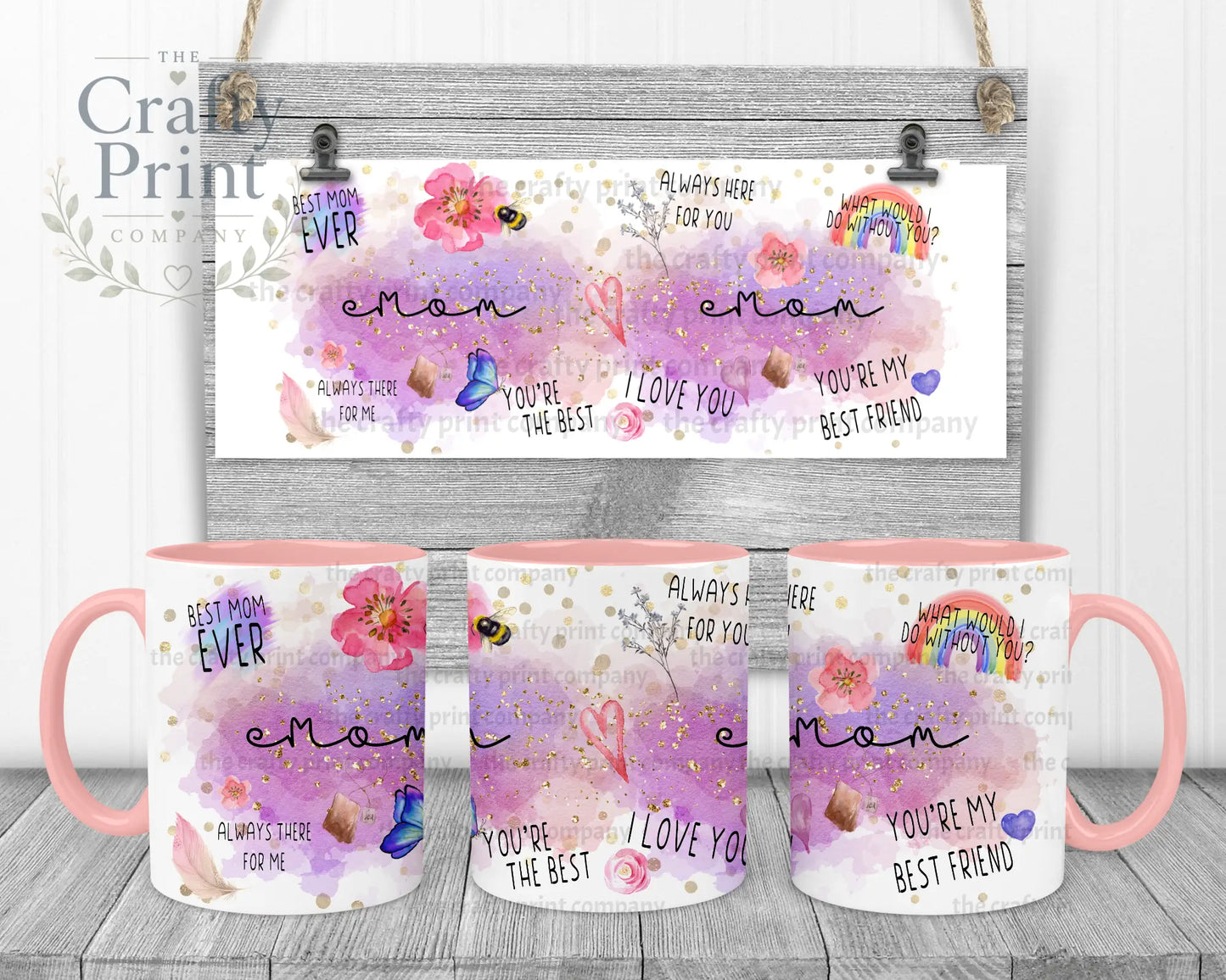 Best Mom Watercolour Rainbow Mug - Pink Handle & Inner