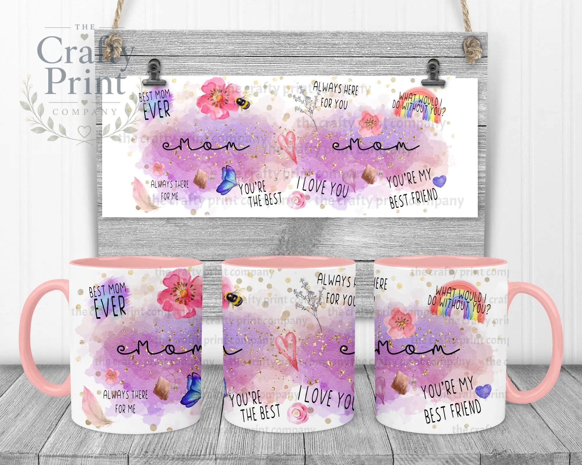 Best Mom Watercolour Rainbow Mug - Pink Handle & Inner