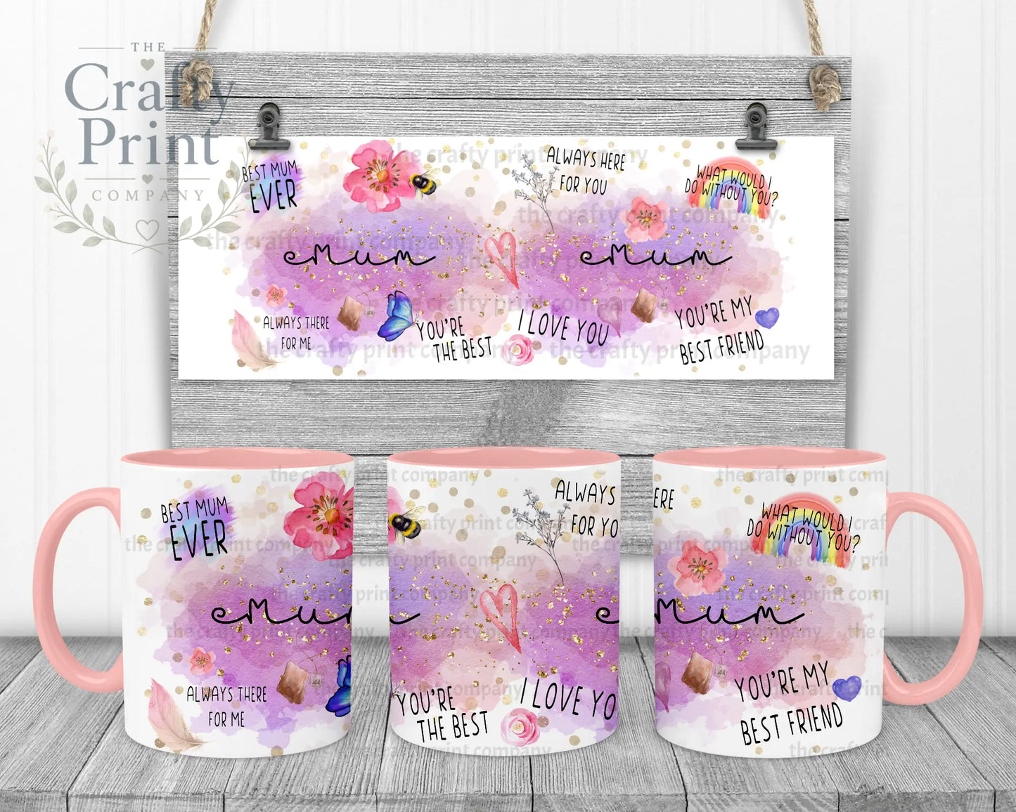 Best Mom Watercolour Rainbow Mug - Pink Handle & Inner