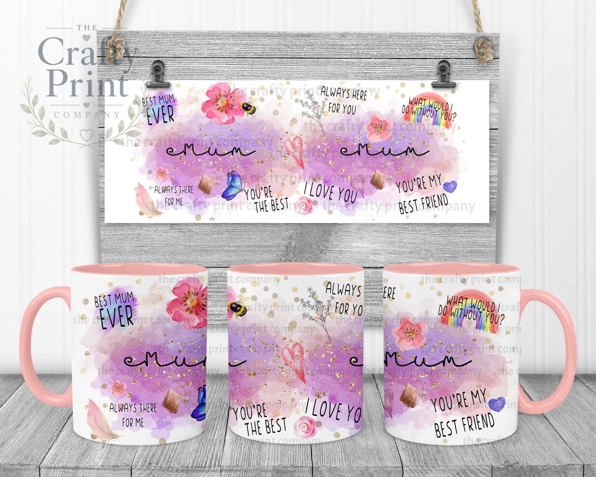 Best Mom Watercolour Rainbow Mug - Pink Handle & Inner