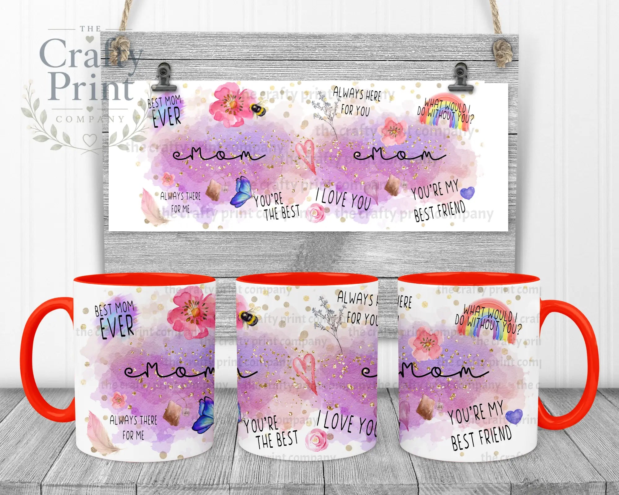 Best Mom Watercolour Rainbow Mug - Red Handle & Inner / Mugs