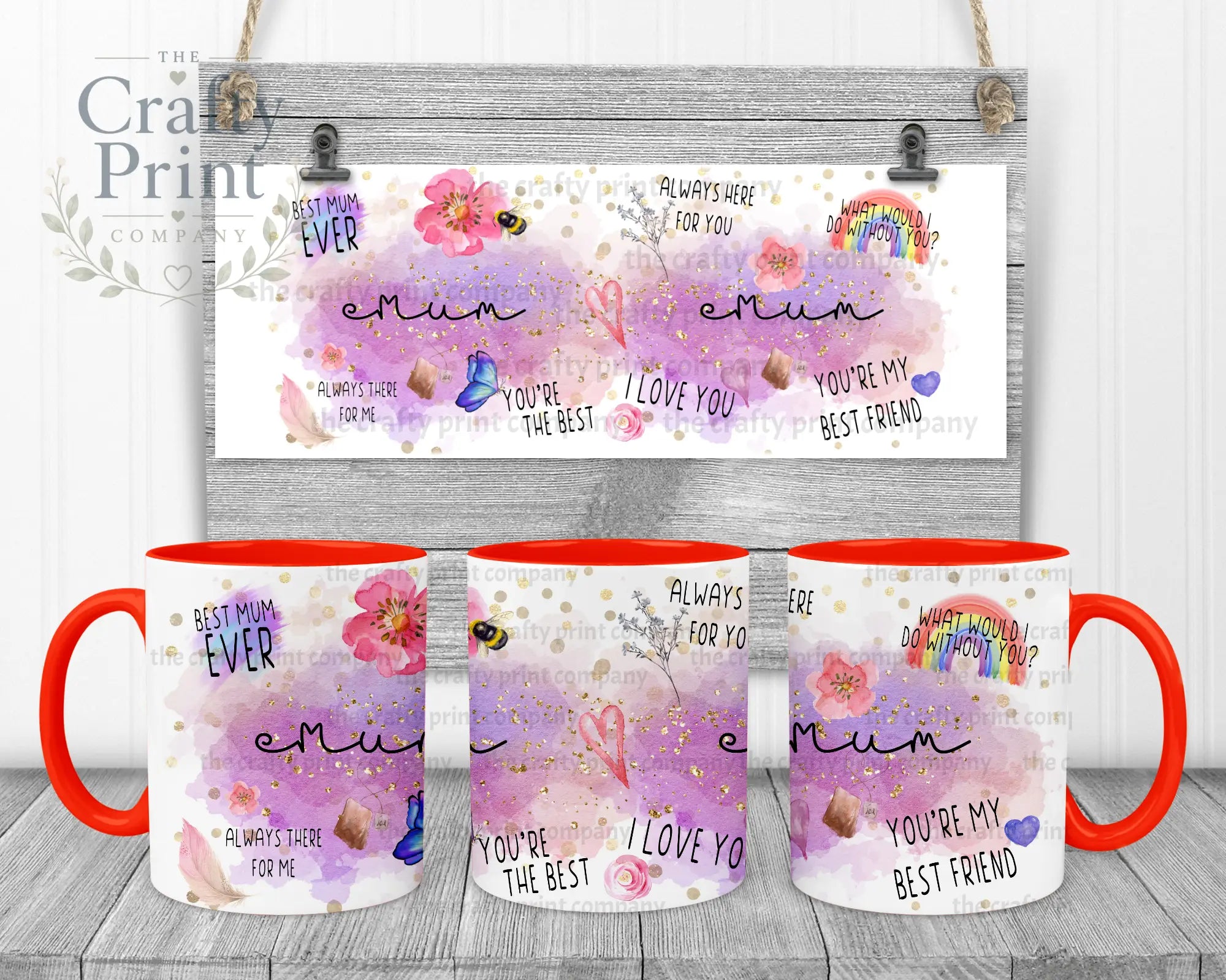 Best Mom Watercolour Rainbow Mug - Red Handle & Inner / Mum