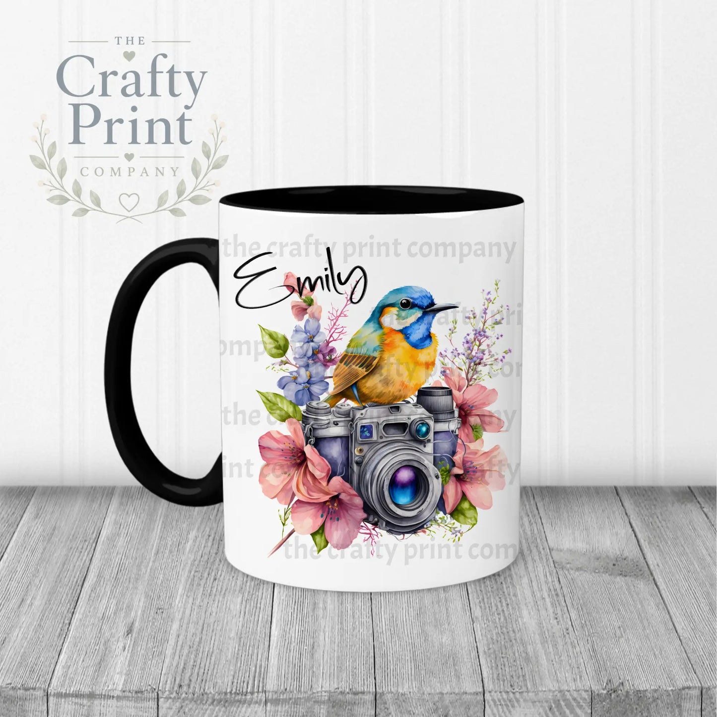 Bird on Camera with flowers Mug - Black Handle & Inner