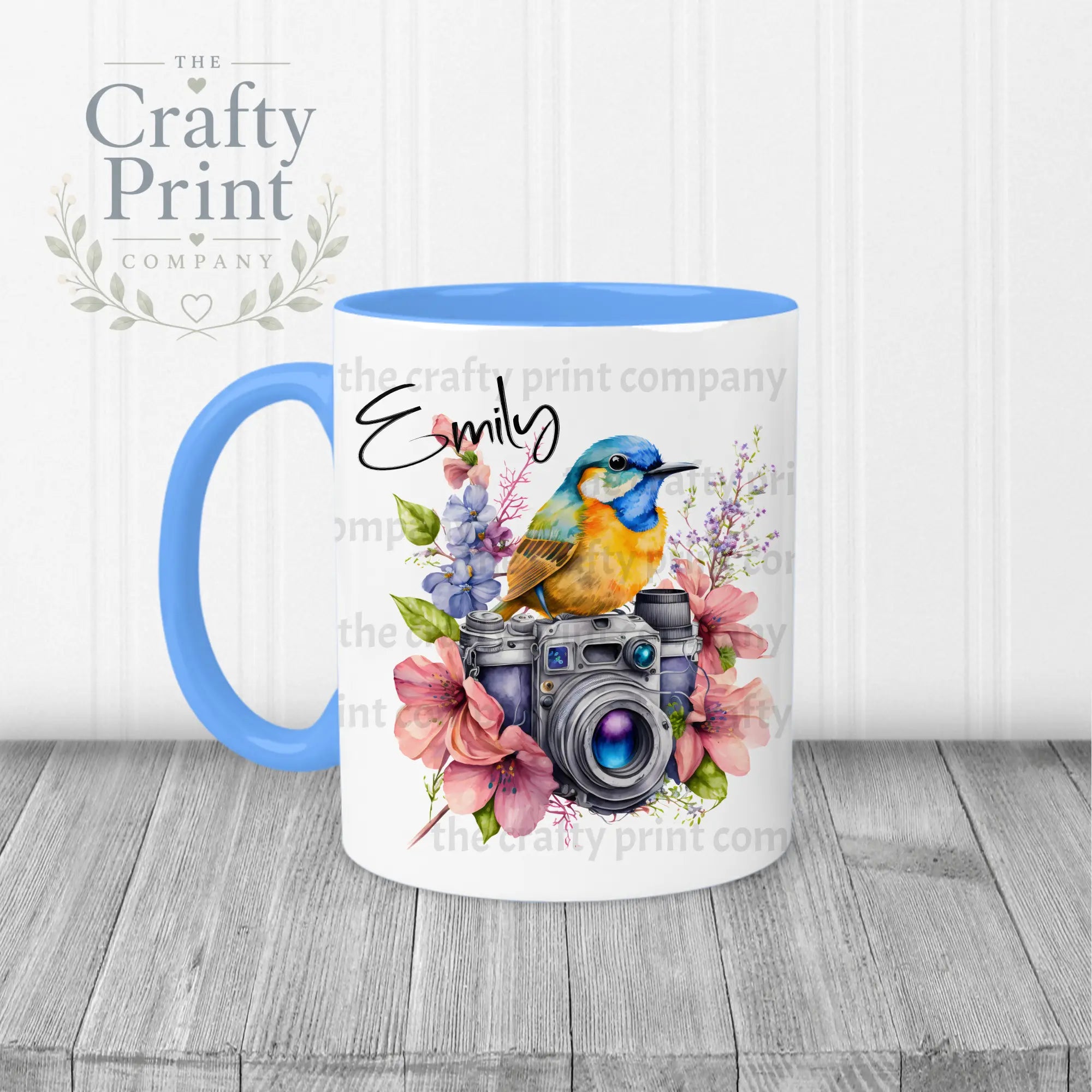 Bird on Camera with flowers Mug - Blue Handle & Inner - Mugs