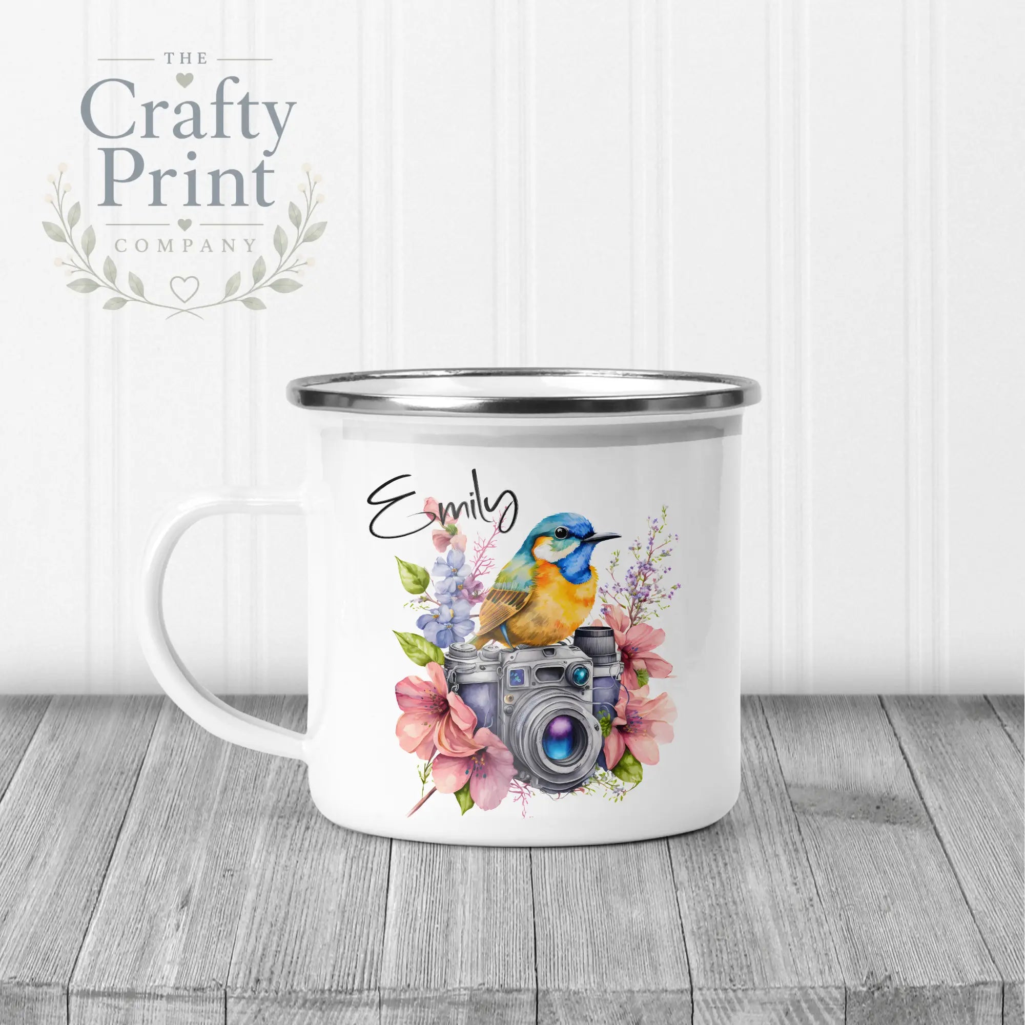 Bird on Camera with flowers Mug - Enamel - Mugs
