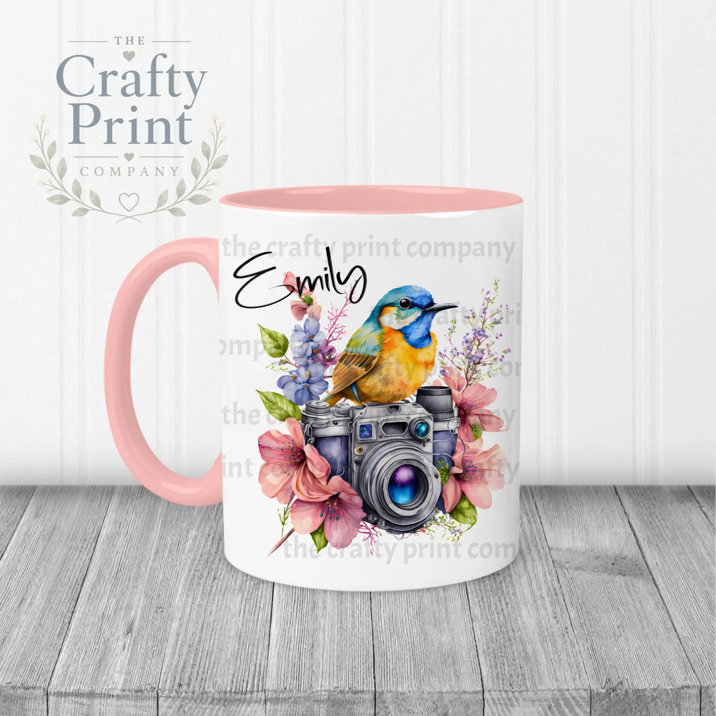 Bird on Camera with flowers Mug - Pink Handle & Inner - Mugs