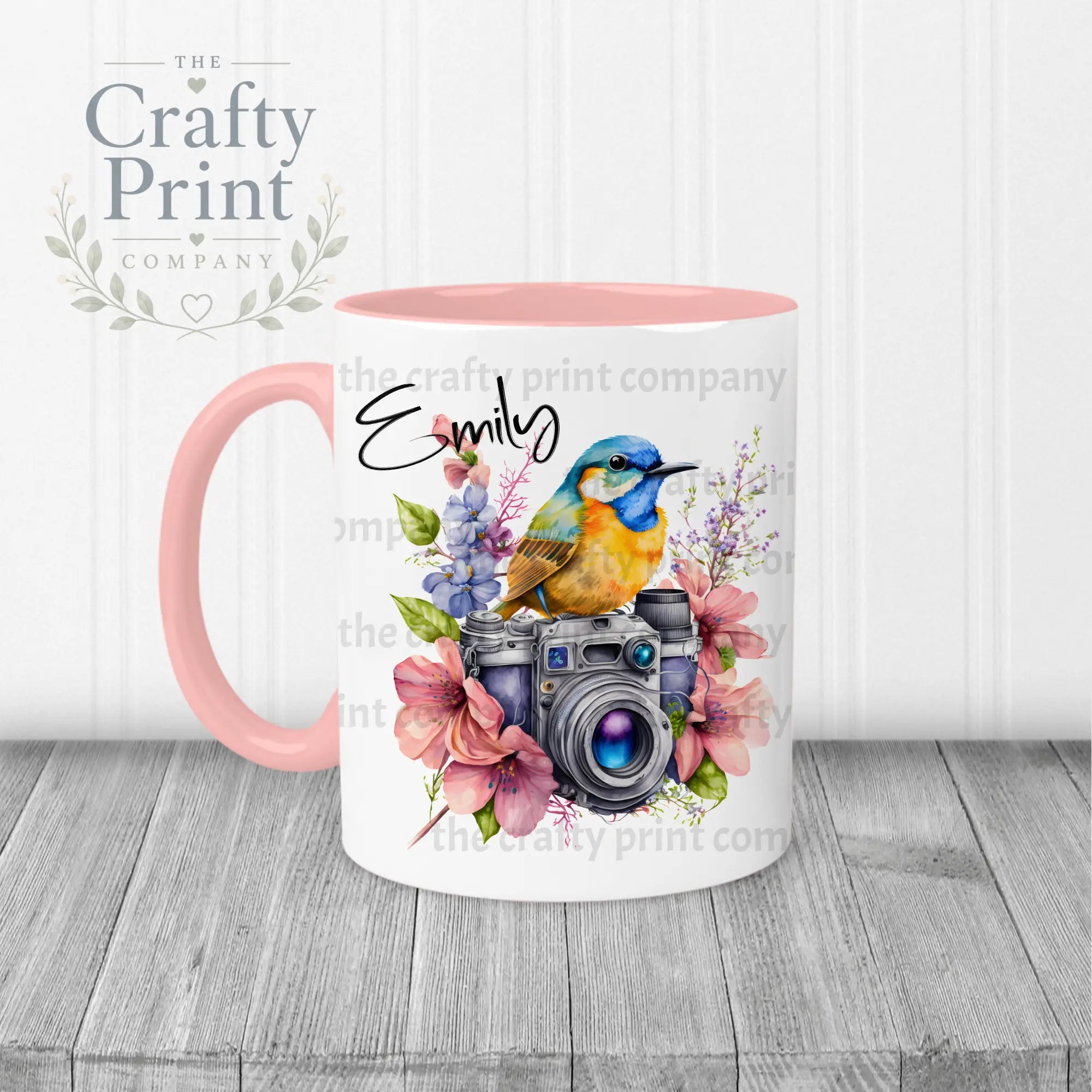 Bird on Camera with flowers Mug - Pink Handle & Inner - Mugs
