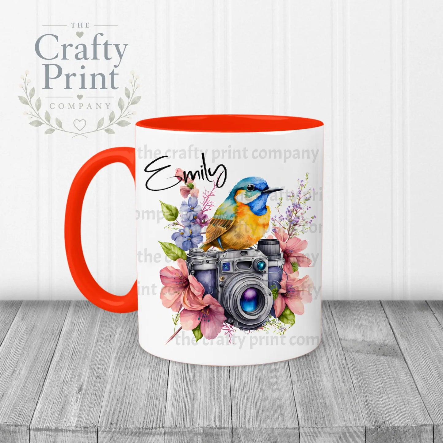 Bird on Camera with flowers Mug - Red Handle & Inner - Mugs