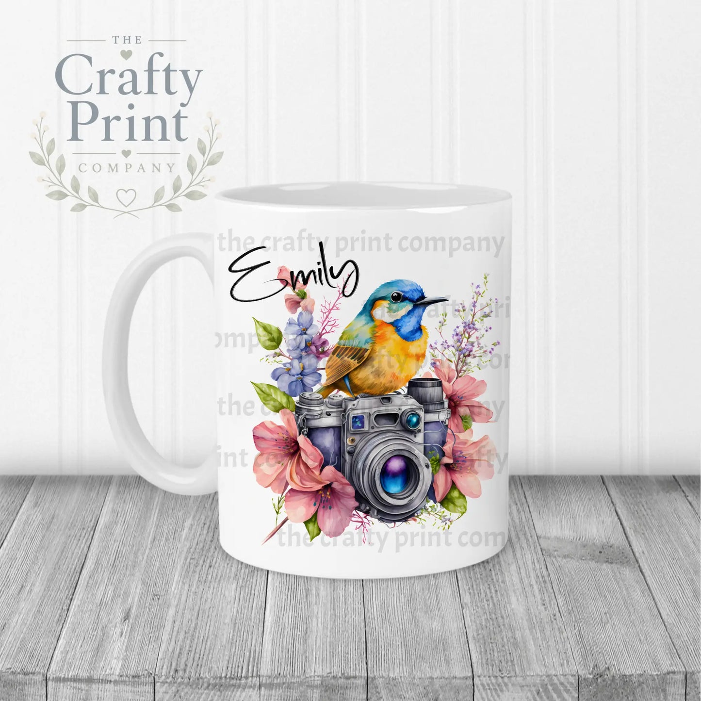 Bird on Camera with flowers Mug - White Handle & Inner