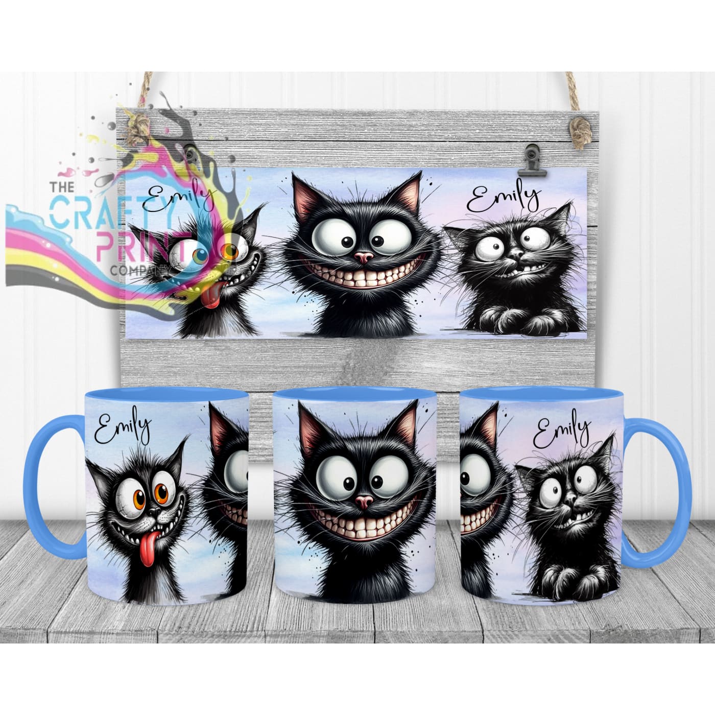 Black Cat Funny Faces Mug - Blue Handle & Inner - Mugs
