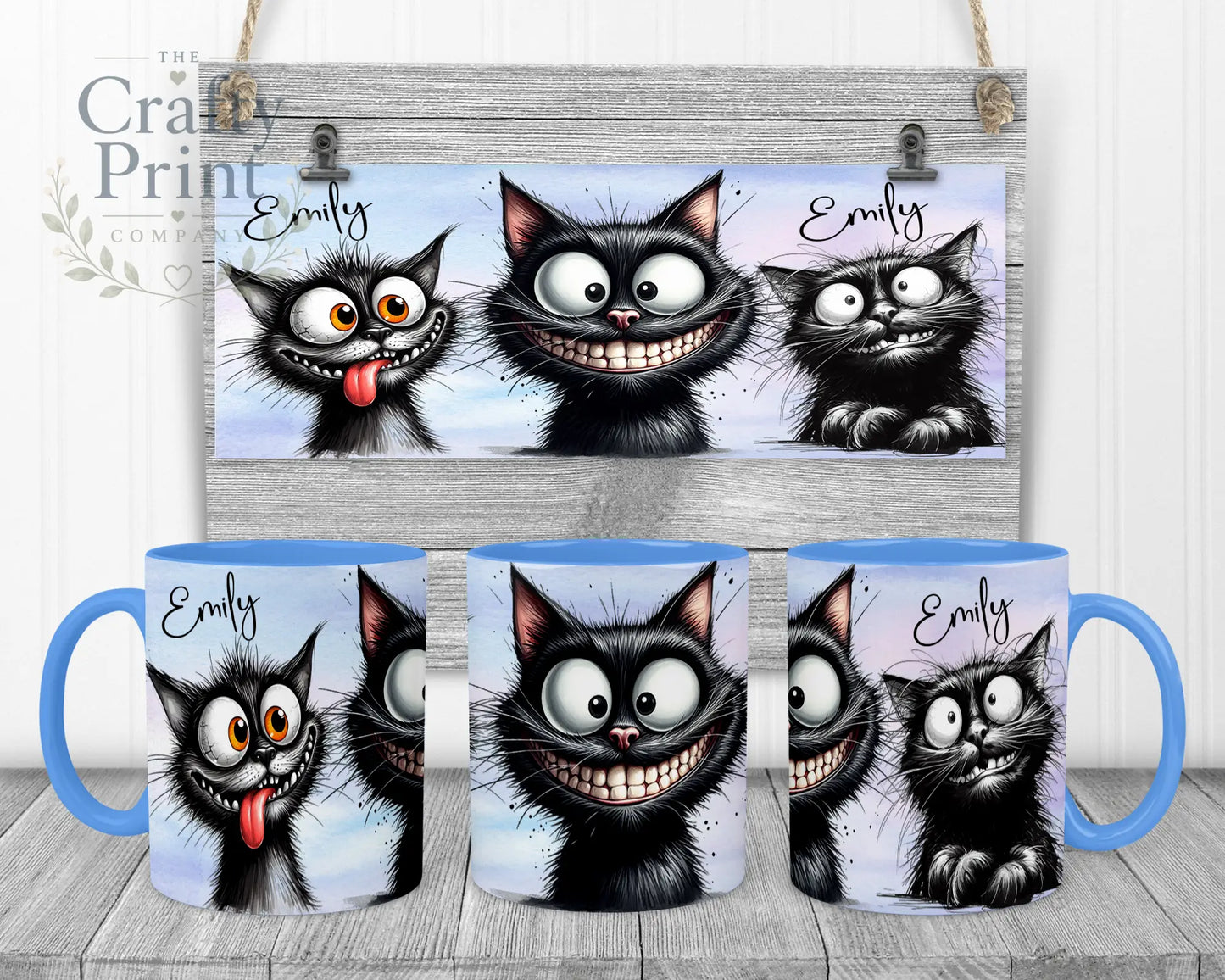 Black Cat Funny Faces Mug - Blue Handle & Inner - Mugs