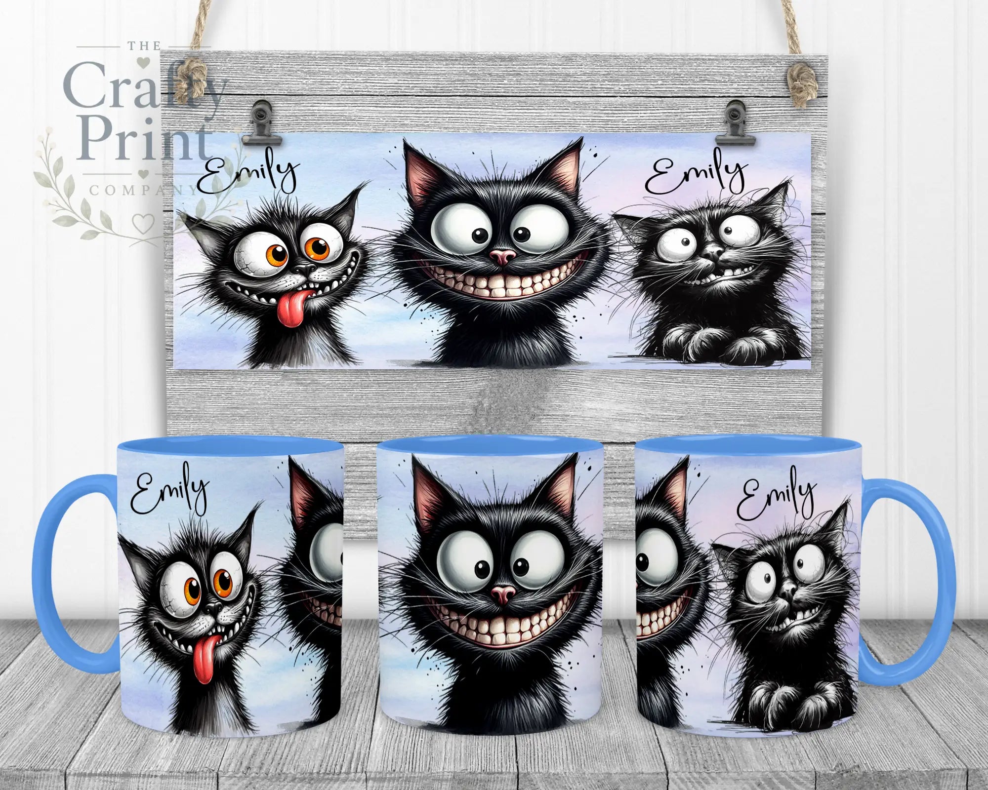 Black Cat Funny Faces Mug - Blue Handle & Inner - Mugs