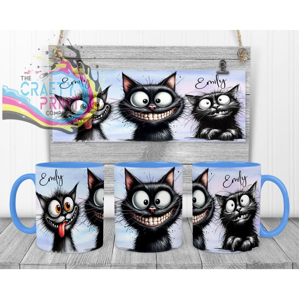 Black Cat Funny Faces Mug - Blue Handle & Inner Mugs