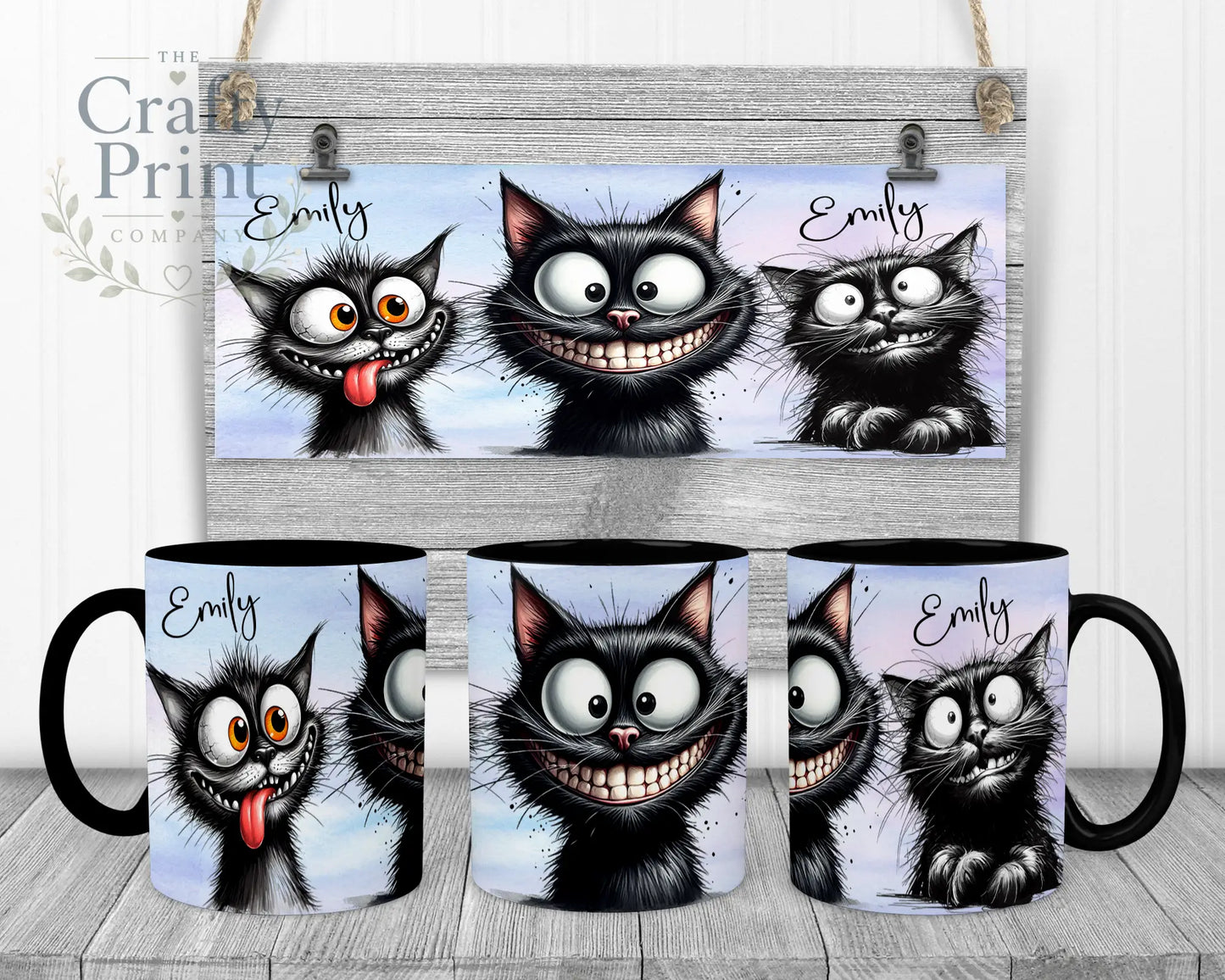 Black Cat Funny Faces Mug - Handle & Inner - Mugs