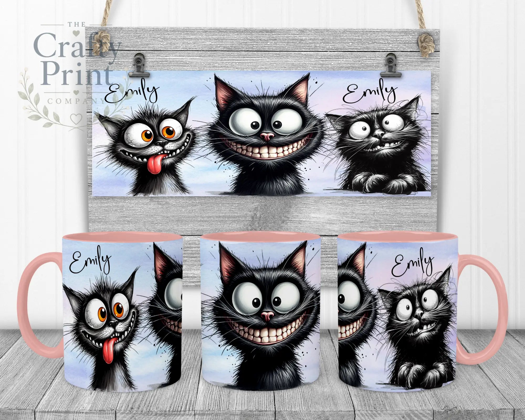 Black Cat Funny Faces Mug - Pink Handle & Inner - Mugs