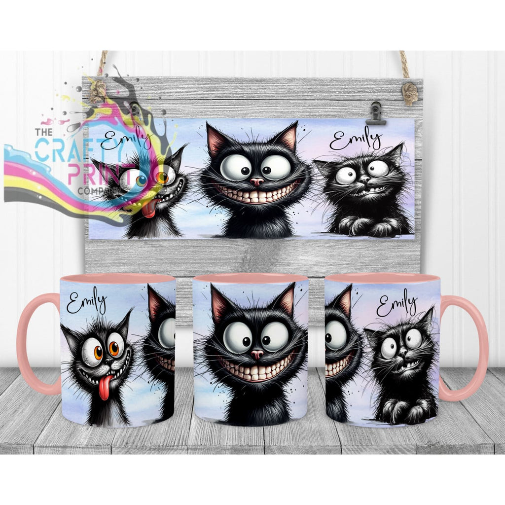 Black Cat Funny Faces Mug - Pink Handle & Inner - Mugs