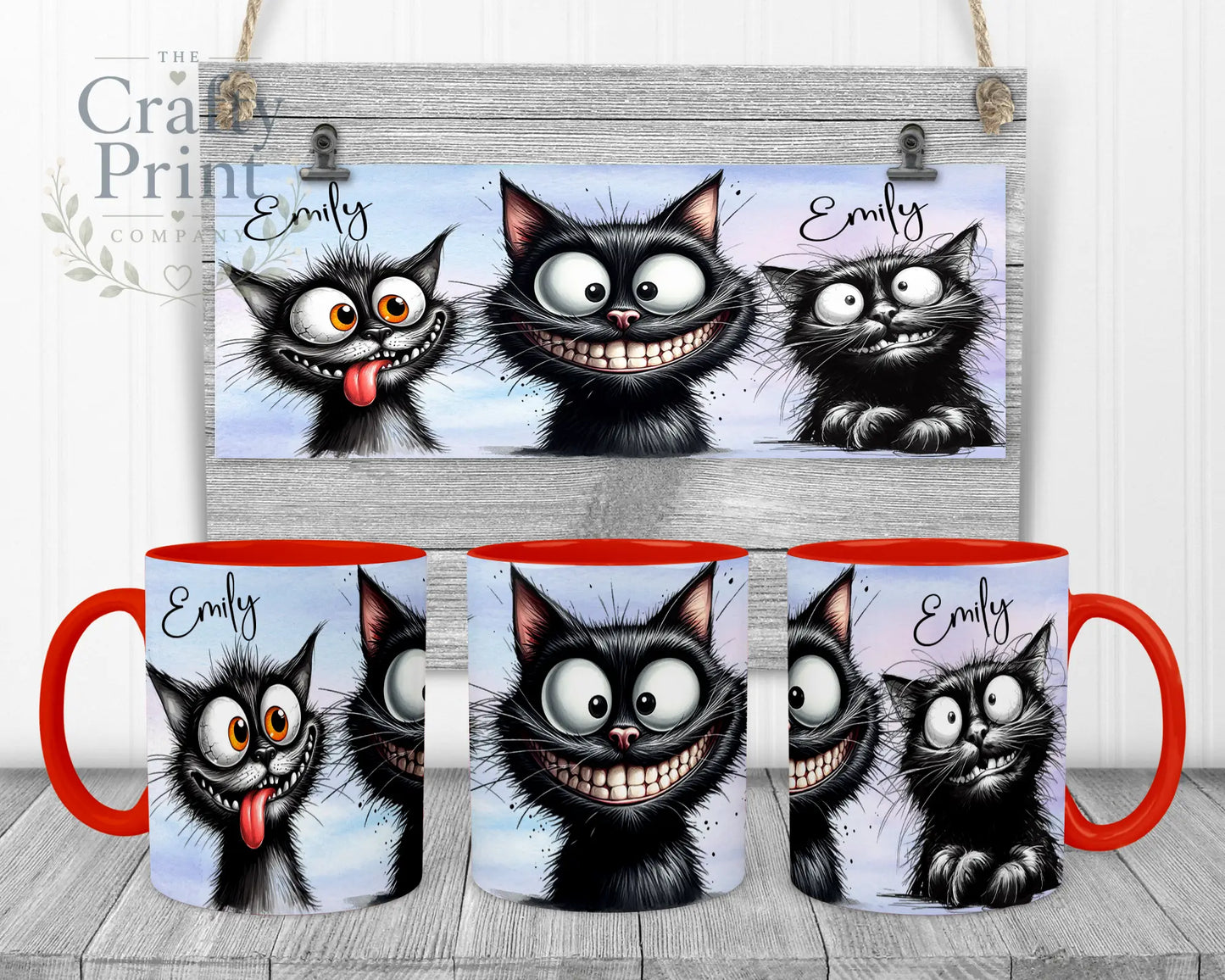 Black Cat Funny Faces Mug - Red Handle & Inner - Mugs