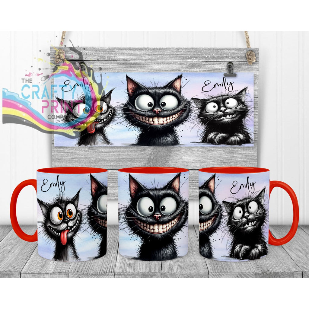 Black Cat Funny Faces Mug - Red Handle & Inner Mugs