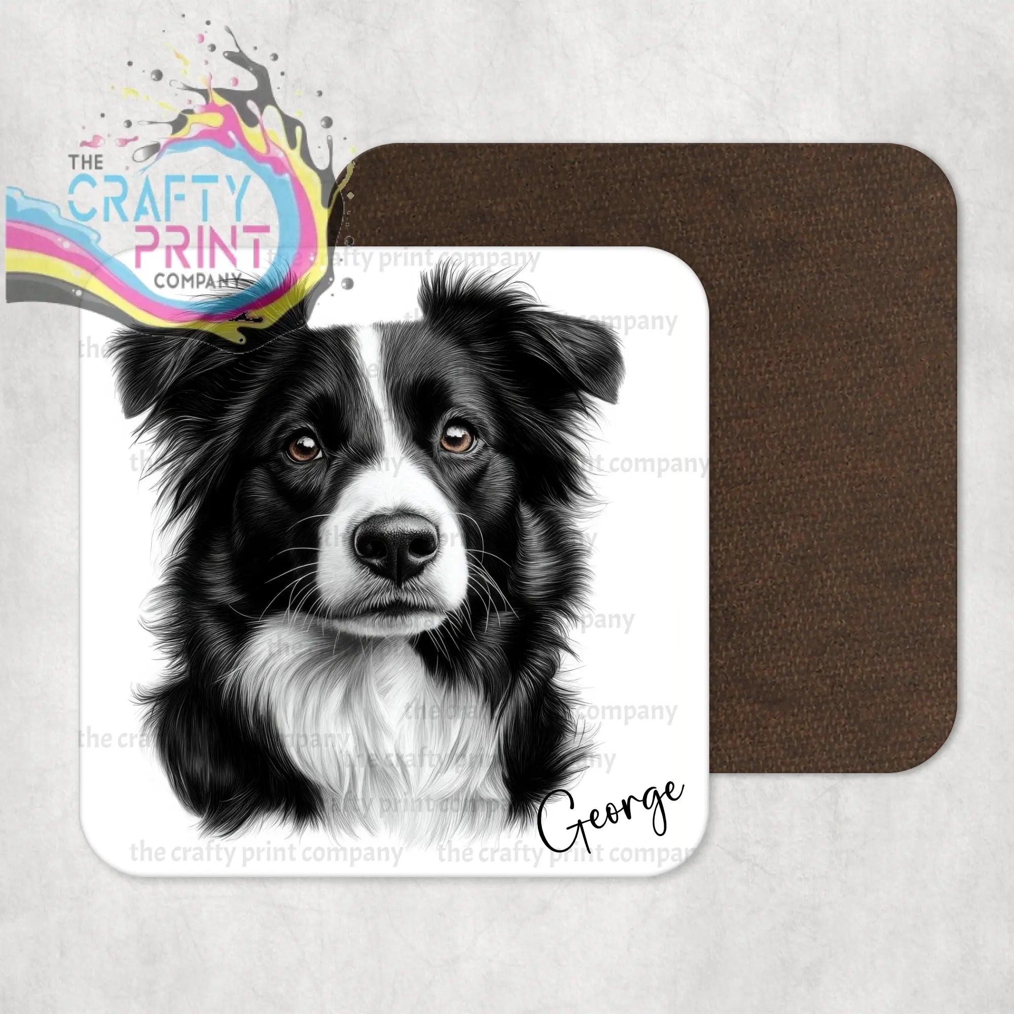 Personalized square coaster with a hand drawn black and white border collie face and george scripted in cursive