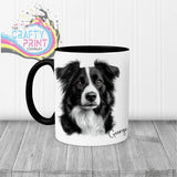 White ceramic border collie mug with black handle and interior featuring a detailed collie face and george name in cursive