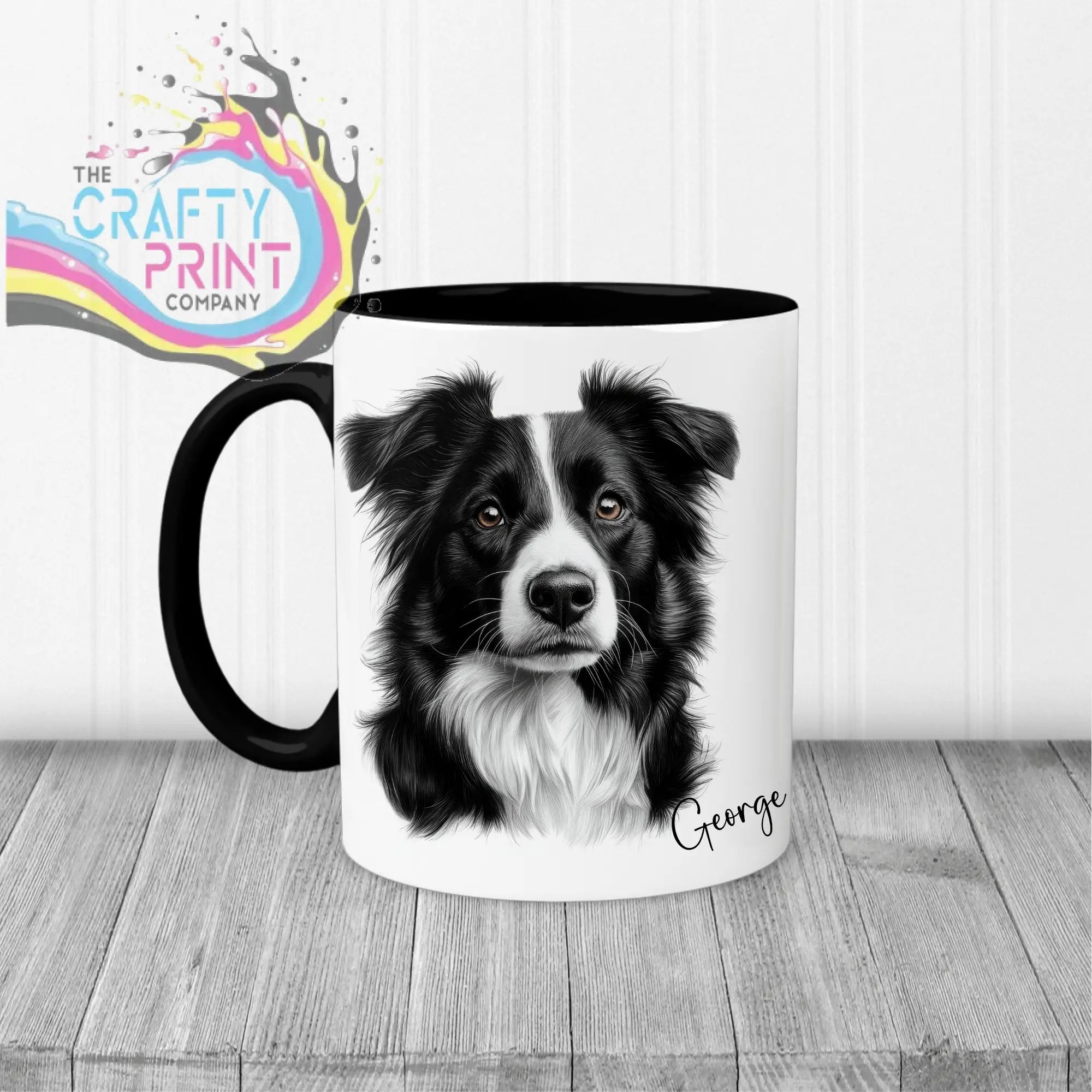 White ceramic border collie mug with black handle and interior featuring a detailed collie face and george name in cursive