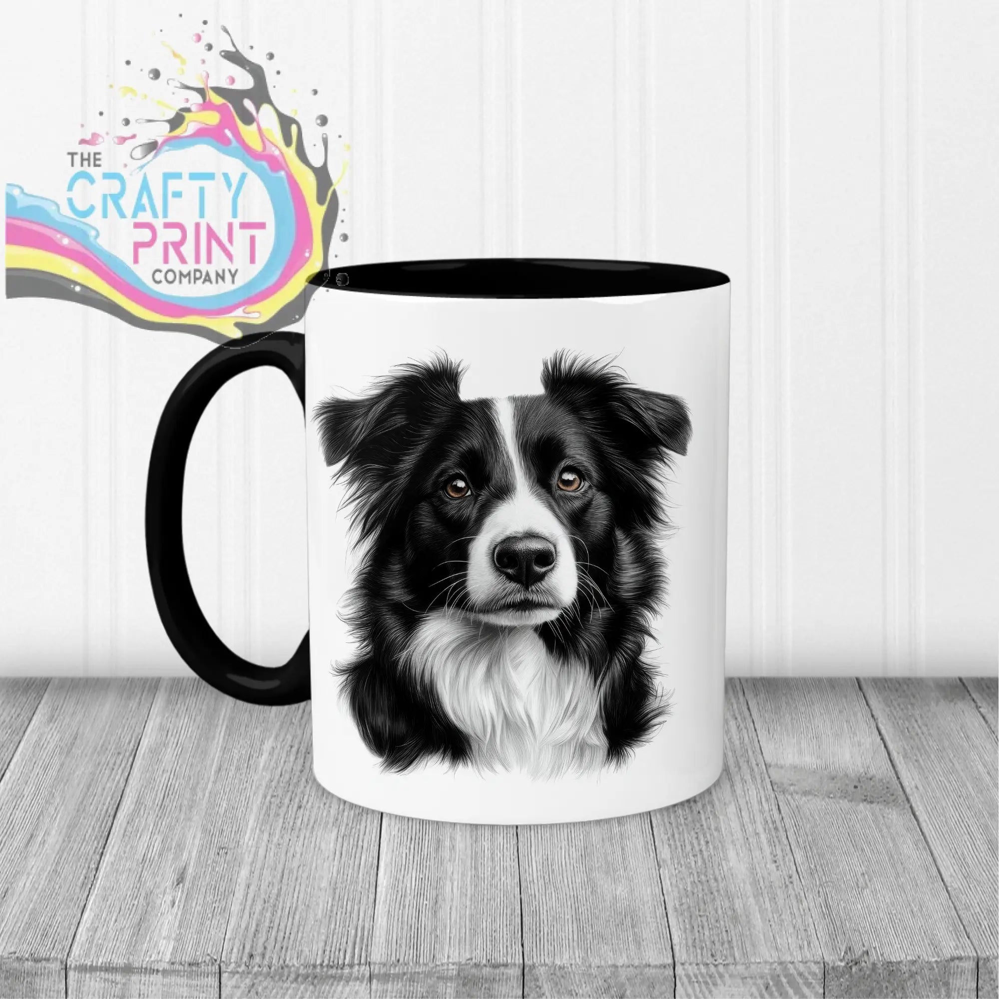 White ceramic border collie mug with black handle and interior featuring a detailed black and white collie drawing