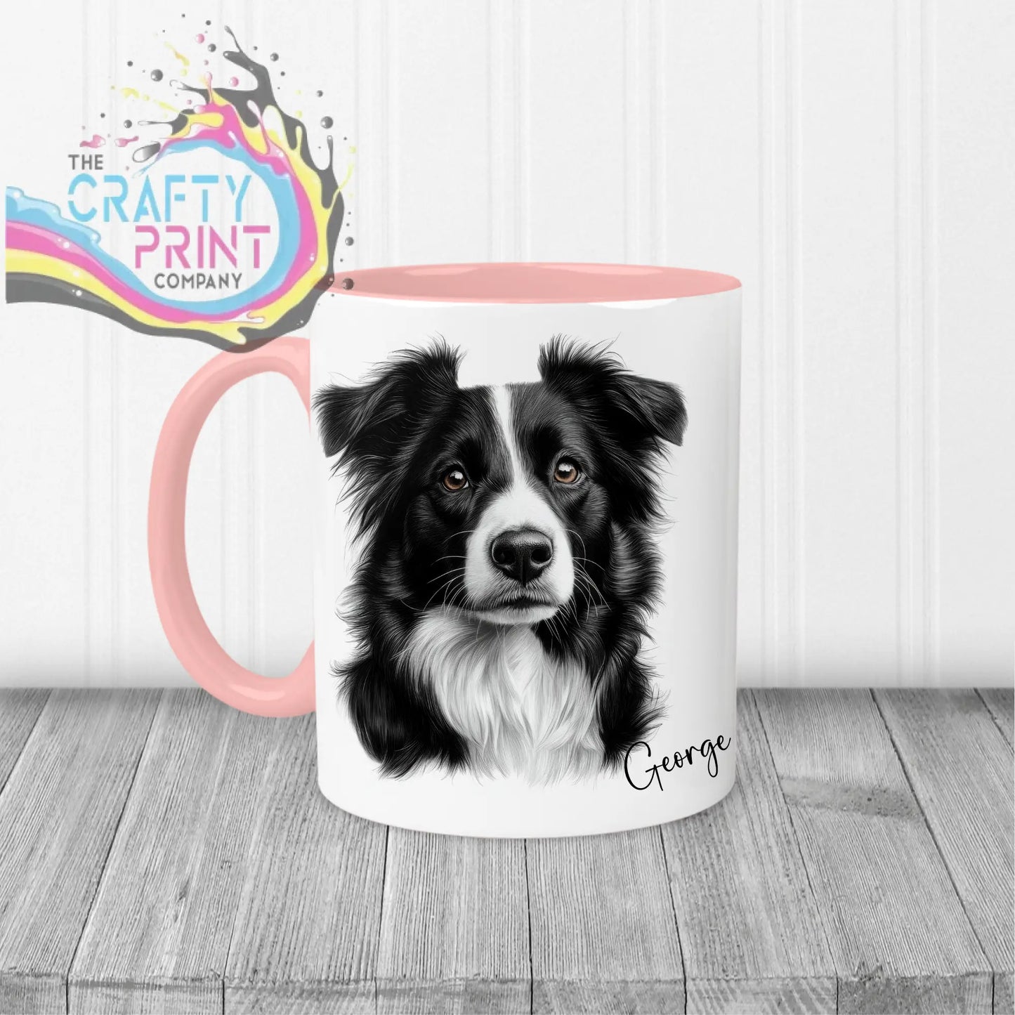 White ceramic border collie mug with pink handle and interior featuring detailed black and white collie face and name george
