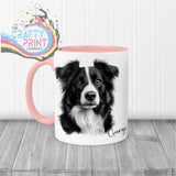 White ceramic border collie mug with pink handle and interior featuring detailed black and white collie face and name george