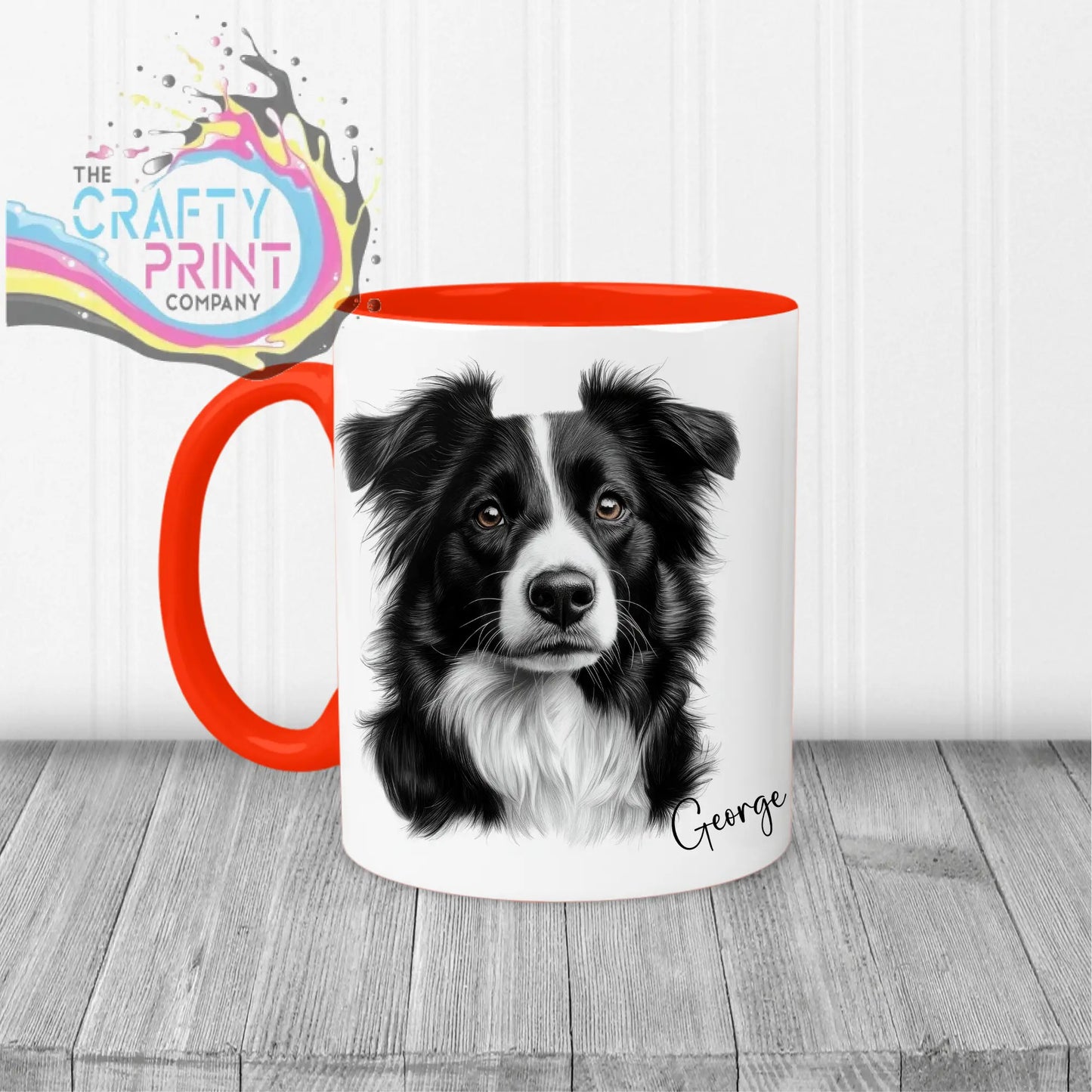 White ceramic border collie mug with orange handle and interior featuring detailed black and white collie drawing and name george