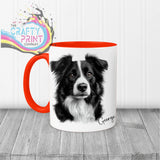 White ceramic border collie mug with orange handle and interior featuring detailed black and white collie drawing and name george