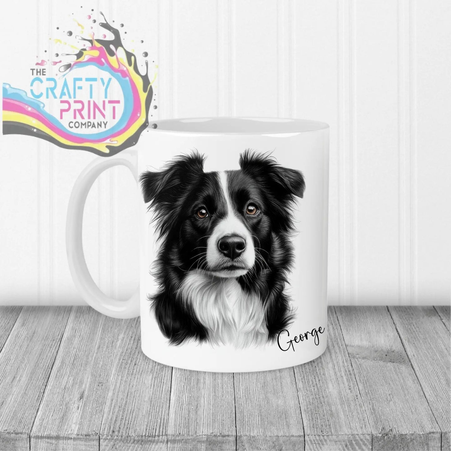 White ceramic border collie mug featuring a detailed black and white collie drawing with the name george scripted below