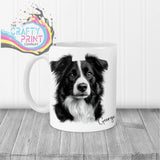 White ceramic border collie mug featuring a detailed black and white collie drawing with the name george scripted below