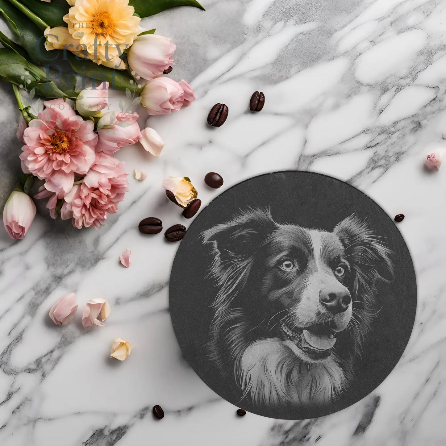Border Collie Engraved Slate Coaster - Round