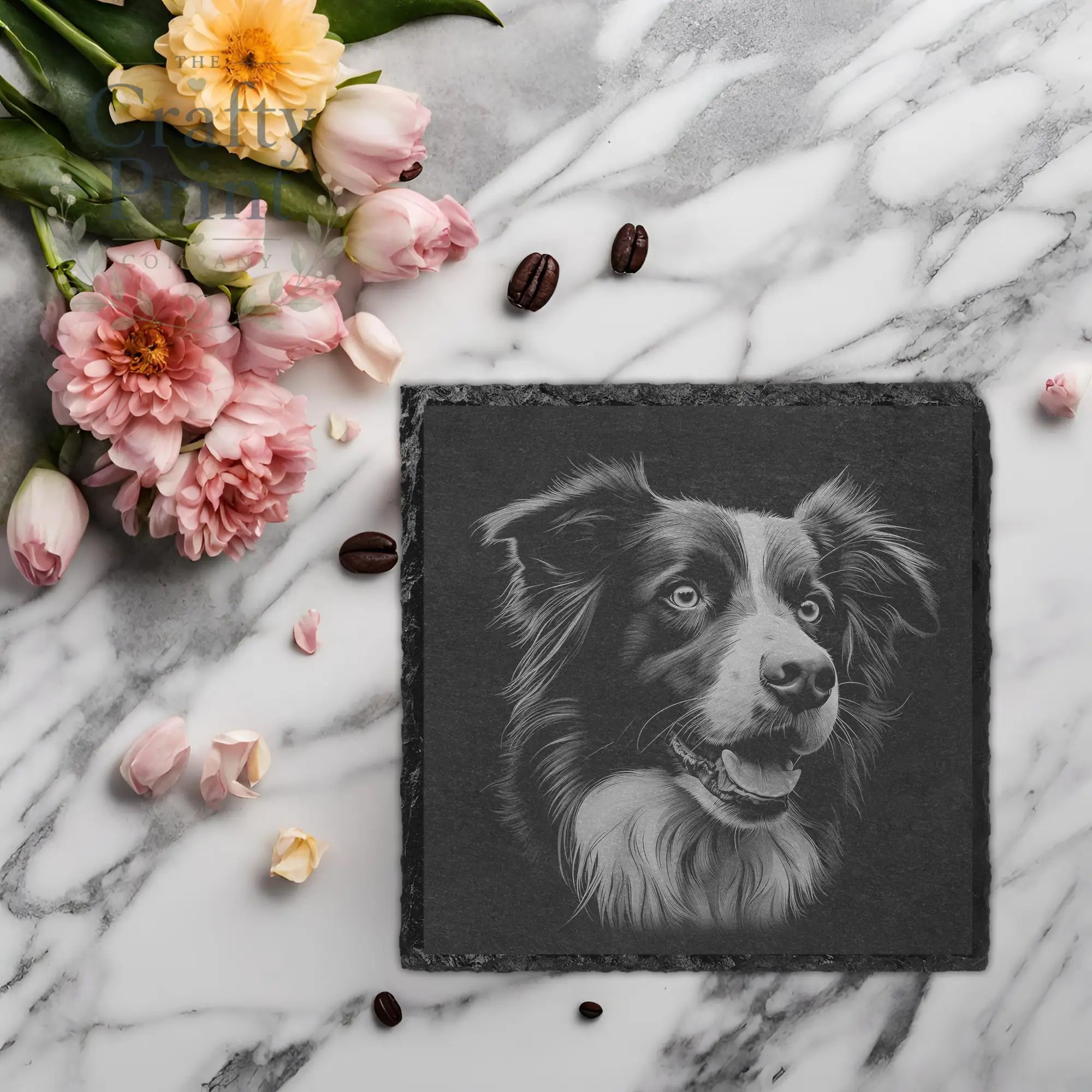 Border Collie Engraved Slate Coaster - Square