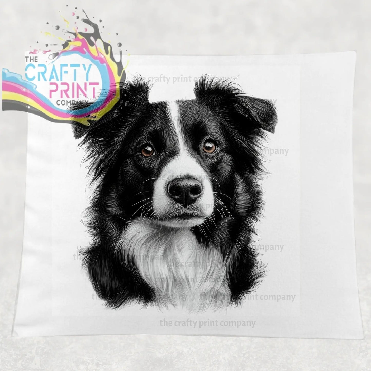Black and white border collie pencil drawing printed on soft white fabric cushion cover wall hanging