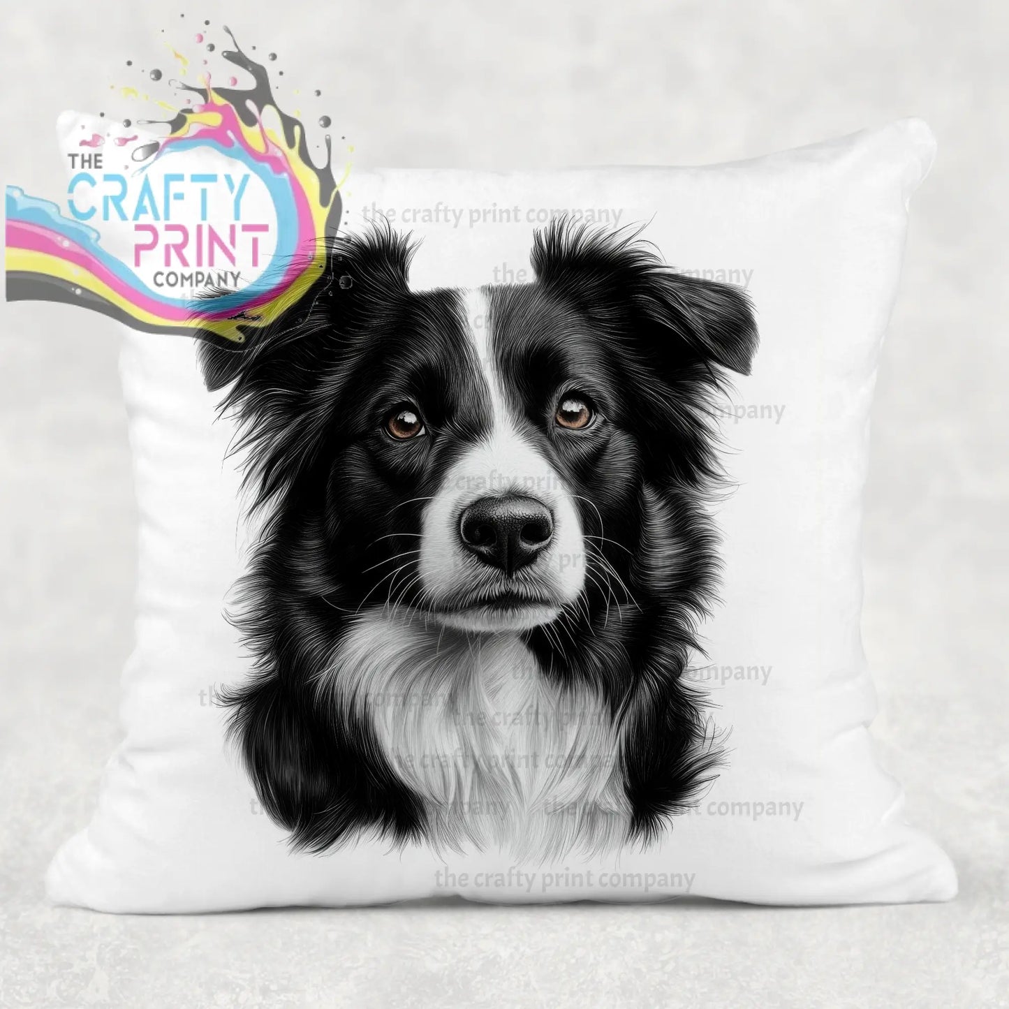 White throw pillow cushion cover featuring a detailed black and white border collie pencil drawing face design