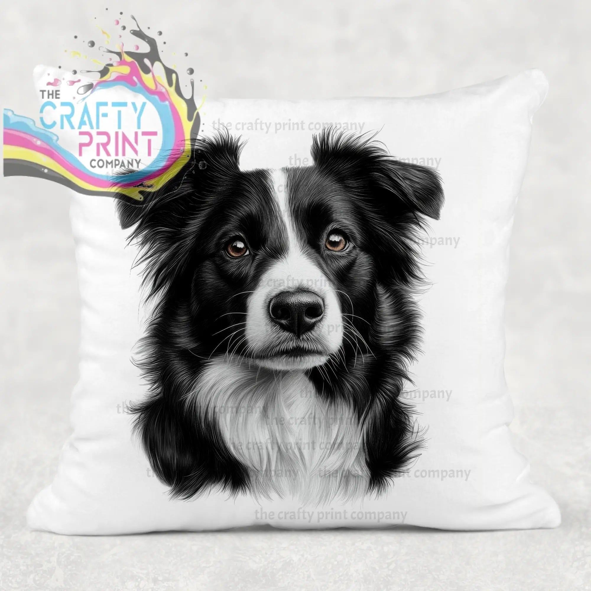 White throw pillow cushion cover featuring a detailed black and white border collie pencil drawing face design