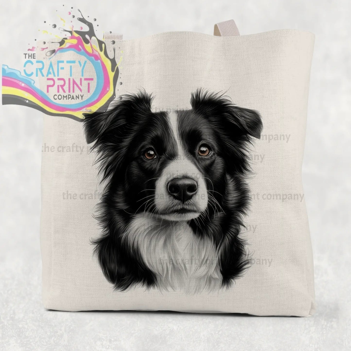 Beige canvas tote bag featuring a detailed black and white border collie pencil drawing on the front